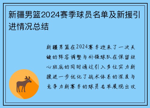 新疆男篮2024赛季球员名单及新援引进情况总结